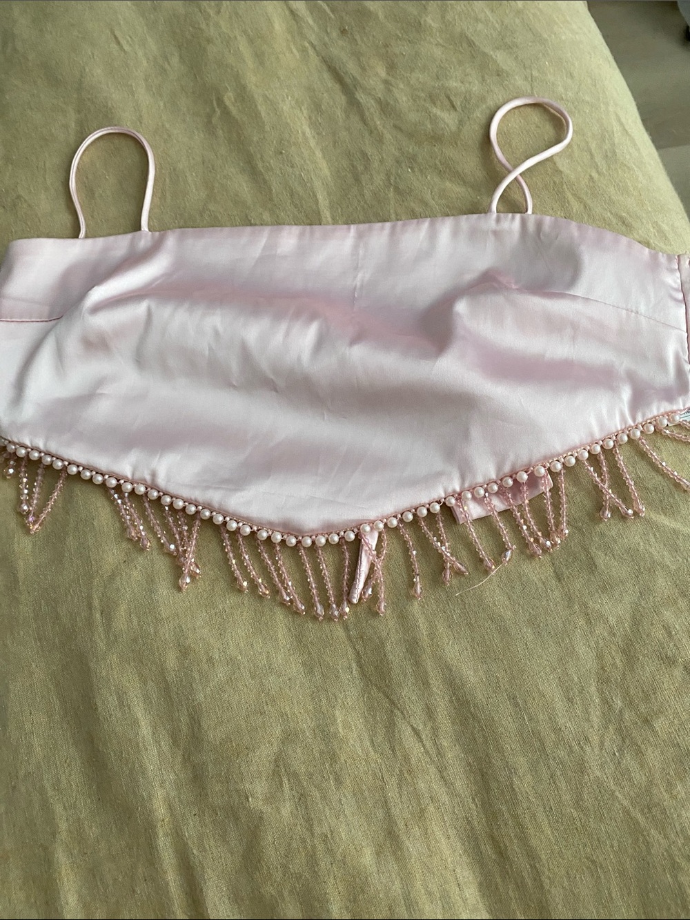 Edikted Pale Pink Silk Beaded Fringe Spaghetti Strap Crop Top